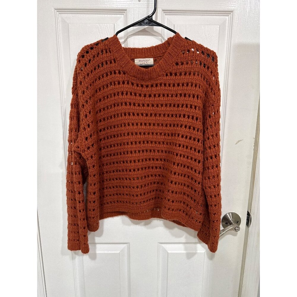 Rhapsody Women’s Orange Open Knit Pull On Over Sweater Size L Long Sleeve